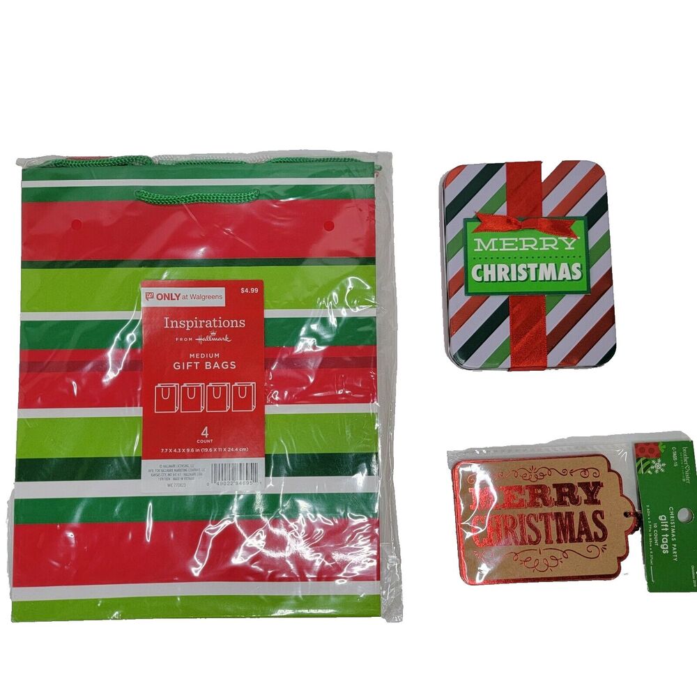 4ct Striped Christmas Gift bags 1 Tin Gift Card Holder W/ 10 Ct. Gift Tags
